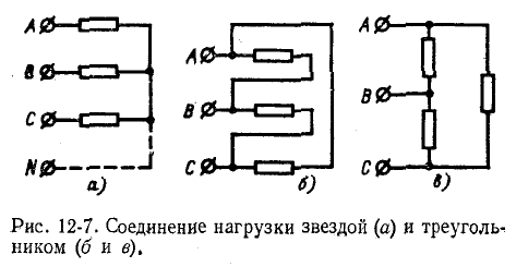 Соединение звездой и треугольником в трехфазных цепях