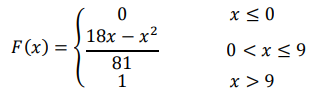 Непрерывная случайная величина 𝜉 задана интегральной функцией распределения 𝐹(𝑥) = { 0 𝑥 ≤ 0 18𝑥 − 𝑥 2 81 0 < 𝑥 ≤ 9 1 𝑥 > 9 Найти плотность 𝑓(𝑥), 𝑀𝜉, 𝐷𝜉, 𝑃(3 < 𝜉 < 12). Постройте
