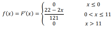 Непрерывная случайная величина 𝜉 задана интегральной функцией распределения 𝐹(𝑥) = { 0 𝑥 ≤ 0 22𝑥 − 𝑥 2 121 0 < 𝑥 ≤ 11 1 𝑥 > 11 Найти плотность 𝑓(𝑥), 𝑀𝜉, 𝐷𝜉, 𝑃(4 < 𝜉 < 18). Постройте