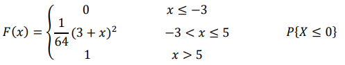Непрерывная случайная величина 𝑋 задана функцией распределения 𝐹(𝑥). Найти: а) функцию 𝑓(𝑥); б) математическое ожидание 𝑀(𝑋) и дисперсию 𝐹(𝑥) = { 0 𝑥 ≤ −3 1 64 (3 + 𝑥) 2 −3 < 𝑥 ≤ 5