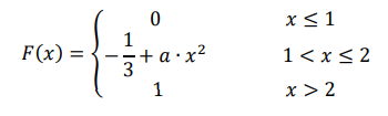 Случайная величина 𝑋 задана функцией распределения: 𝐹(𝑥) = { 0 𝑥 ≤ 1 − 1 3 + 𝑎 ∙ 𝑥 2 1 < 𝑥 ≤ 2 1 𝑥 > 2 Найти: 1) плотность вероятности 𝑓(𝑥), 2) неизвестный параметр