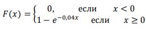 Задана интегральная функция распределения случайной величины 𝑋: 𝐹(𝑥) = { 0, если 𝑥 < 0 1 − 𝑒 −0,04𝑥 если 𝑥 ≥ 0 Найти плотность распределения