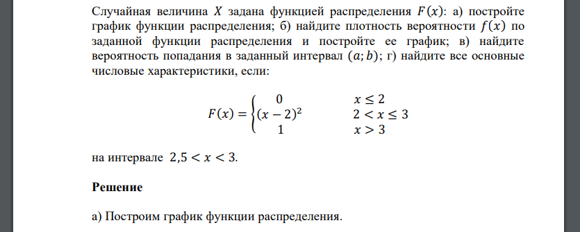 Случайная величина 𝑋 задана функцией распределения 𝐹(𝑥): а) постройте график функции распределения; б) найдите