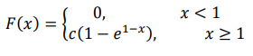 Случайная величина X задана функцией распределения 𝐹(𝑥) = { 0, 𝑥 < 1 𝑐(1 − 𝑒 1−𝑥 ), 𝑥 ≥ 1 Найти постоянную 𝑐, математическое ожидание квадрата случайной