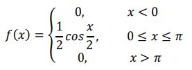Найти вероятность попадания случайной величины 𝑋 на участок от 0 до 𝜋 3 . Случайная величина 𝑋 имеет плотность распределения: 𝑓(𝑥) = { 0, 𝑥 < 0 1 2 𝑐𝑜𝑠 𝑥 2 , 0 ≤ 𝑥 ≤ 𝜋 0, 𝑥 > 𝜋
