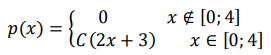 Плотность распределения случайной величины 𝜉 имеет вид: 𝑝(𝑥) = { 0 𝑥 ∉ [0; 4] 𝐶(2𝑥 + 3) 𝑥 ∈ [0; 4] Найдите константу 𝐶, 𝑀𝜉 и 𝐷𝜉