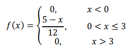Дифференциальная функция распределения случайной величины 𝑋 имеет вид: 𝑓(𝑥) = { 0, 𝑥 < 0 5 − 𝑥 12 , 0 < 𝑥 ≤ 3 0, 𝑥 > 3 Найти функцию распределения 𝐹(𝑥), построить графики