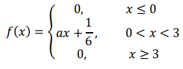Найти параметр 𝑎 и функцию распределения 𝐹(𝑥); построить графики плотности и функции распределения, найти все числовые характеристики. 𝑓(𝑥) = { 0, 𝑥 ≤ 0 𝑎𝑥 + 1 6 , 0 < 𝑥 < 3 0, 𝑥 ≥ 3