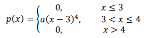 Для НСВ задана плотность распределения вероятности 𝑝(𝑥). 𝑝(𝑥) = { 0, 𝑥 ≤ 3 𝑎(𝑥 − 3) 4 , 3 < 𝑥 ≤ 4 0, 𝑥 > 4 1) определить значение параметра 𝑎; 2) найти функцию