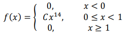 Дана плотность распределения некоторой случайной величины: 𝑓(𝑥) = { 0, 𝑥 < 0 𝐶𝑥 14 , 0 ≤ 𝑥 < 1 0, 𝑥 ≥ 1 Найдите значение константы 𝐶, функцию распределения