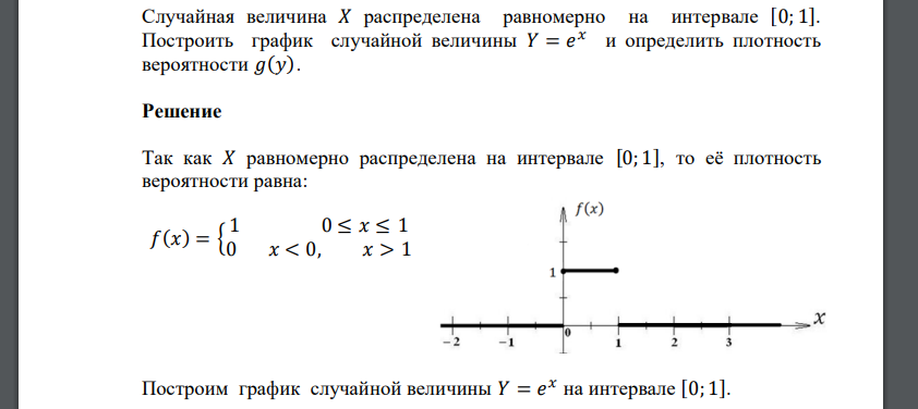 Случайная величина 𝑋 распределена равномерно на интервале [0; 1]. Построить график случайной величины 𝑌 = 𝑒 𝑥 и определить