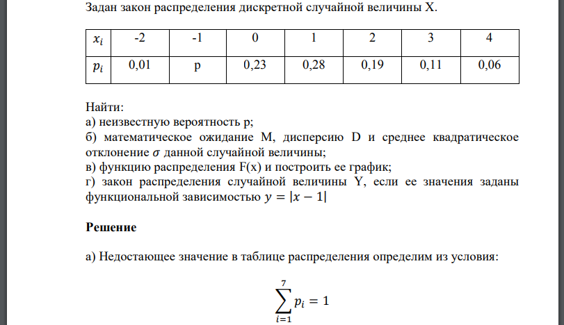 Задан закон распределения дискретной случайной величины Найти: а) неизвестную вероятность б) математическое ожидание М, дисперсию D и среднее