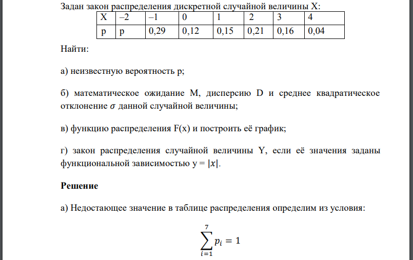 Задан закон распределения дискретной случайной величины  Найти: а) неизвестную вероятность б) математическое ожидание M, дисперсию D и среднее