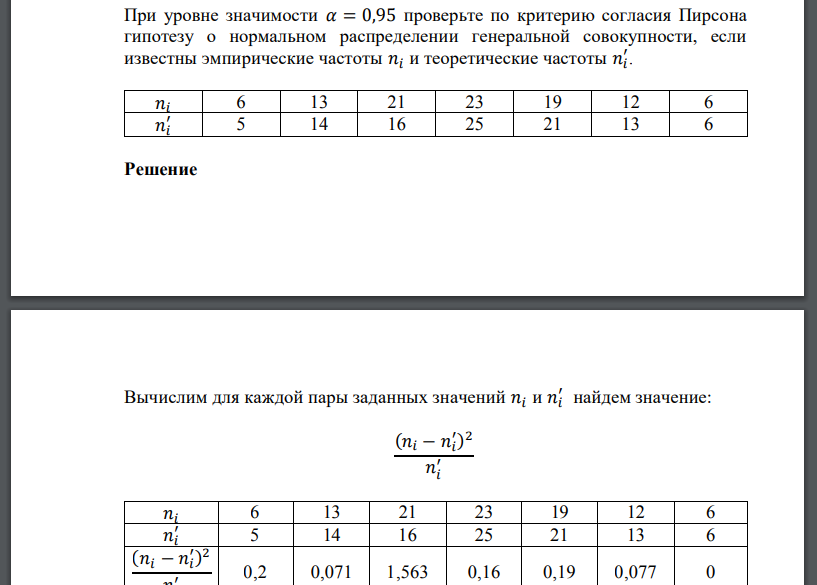 При уровне значимости 𝛼 = 0,95 проверьте по критерию согласия Пирсона гипотезу о нормальном распределении