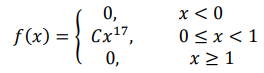 Дана плотность распределения некоторой случайной величины: 𝑓(𝑥) = { 0, 𝑥 < 0 𝐶𝑥 17 , 0 ≤ 𝑥 < 1 0, 𝑥 ≥ 1 Найдите значение константы 𝐶, функцию распределения