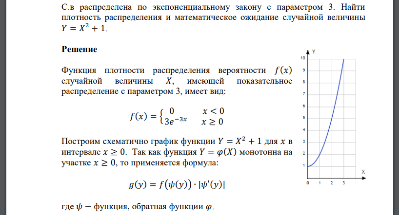 С.в распределена по экспоненциальному закону с параметром 3. Найти плотность распределения и математическое ожидание случайной величины 𝑌 = 𝑋 2 + 1