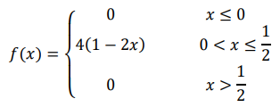 Случайная величина 𝑋 задана плотностью распределения. Найти 𝑀(𝑋), 𝐷(𝑋), 𝜎(𝑋), если: 𝑓(𝑥) = { 0 𝑥 ≤ 0 4(1 − 2𝑥) 0 < 𝑥 ≤ 1 2 0 𝑥 > 1 2