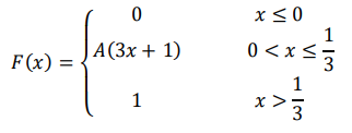 Случайная величина 𝑋 задана дифференциальной функцией распределения 𝐹(𝑥) = { 0 𝑥 ≤ 0 𝐴(3𝑥 + 1) 0 < 𝑥 ≤ 1 3 1 𝑥 > 1 3 а) Найти параметр 𝐴; b) Найти интегральную функцию