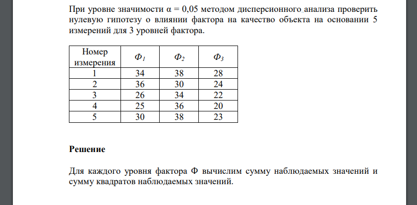 При уровне значимости α = 0,05 методом дисперсионного анализа проверить нулевую гипотезу о