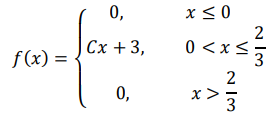 Плотность вероятности случайной величины Х равна 𝑓(𝑥) = { 0, 𝑥 ≤ 0 𝐶𝑥 + 3, 0 < 𝑥 ≤ 2 3 0, 𝑥 > 2 3 Найти постоянную С, функцию распределения F(x), математическое ожидание