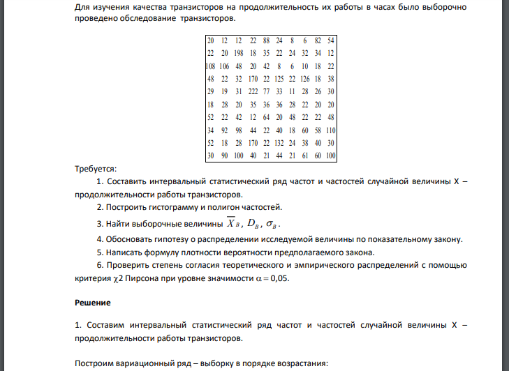 Для изучения качества транзисторов на продолжительность их работы в часах было выборочно проведено обследование транзисторов. Требуется: 1. Составить интервальный статистический ряд