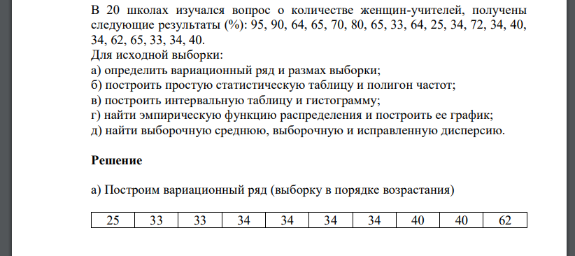 В 20 школах изучался вопрос о количестве женщин-учителей, получены следующие результаты