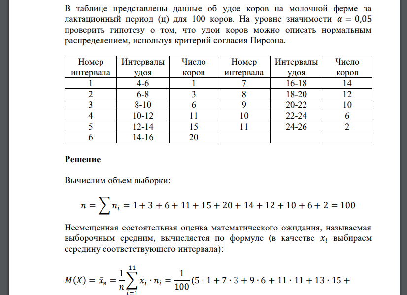 В таблице представлены данные об удое коров на молочной ферме за лактационный период (ц) для 100 коров.