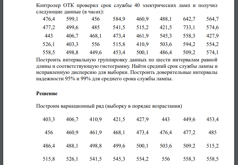 Контролер ОТК проверил срок службы 40 электрических ламп и получил следующие данные (в часах): 476,4 599,1 456 584,9 460,9 488,1 642,7 564,7 477,2 499,6 485 541,5 515,2 421,5 733,1 574,6 443 406,7 468