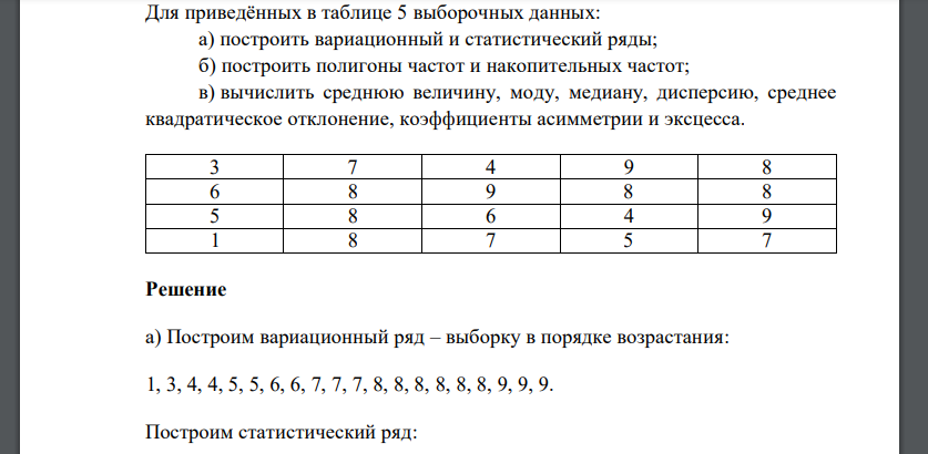 Для приведённых в таблице 5 выборочных данных: а) построить вариационный и статистический ряды