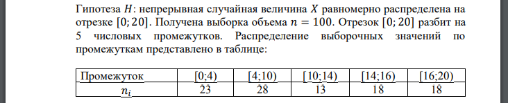 Гипотеза непрерывная случайная величина равномерно распределена на отрезке Получена выборка объема Отрезок разбит