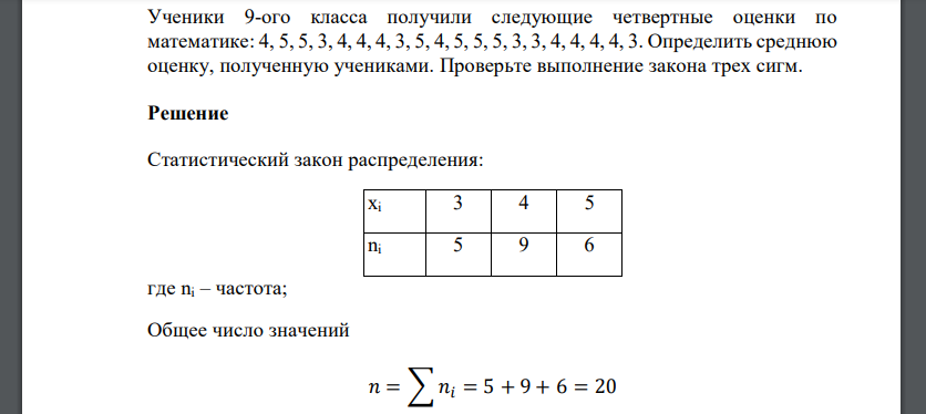 Ученики 9-ого класса получили следующие четвертные оценки по математике: 4, 5, 5, 3, 4, 4, 4, 3, 5, 4, 5, 5, 5, 3, 3, 4, 4, 4, 4, 3. Определить