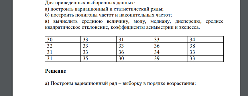 Для приведенных выборочных данных: а) построить вариационный и статистический ряды; б) построить полигоны