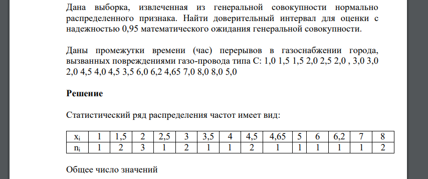 Дана выборка, извлеченная из генеральной совокупности нормально распределенного признака. Найти доверительный