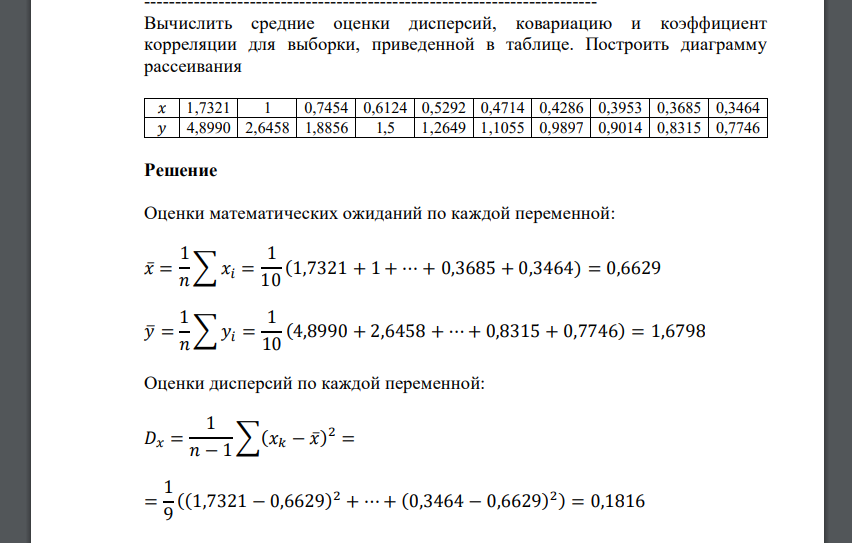 Вычислить средние оценки дисперсий, ковариацию и коэффициент корреляции для выборки