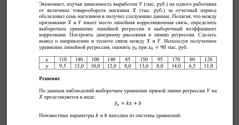 Экономист, изучая зависимость выработки 𝑌 (тыс. руб.) на одного работника от величины товарооборота магазина