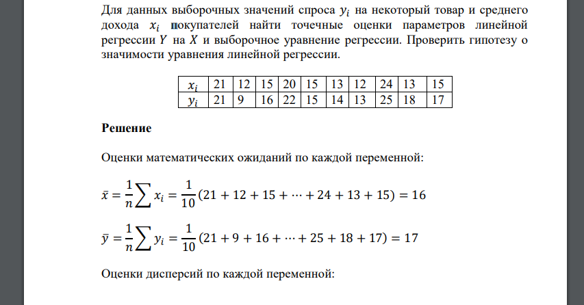 Для данных выборочных значений спроса 𝑦𝑖 на некоторый товар и среднего дохода