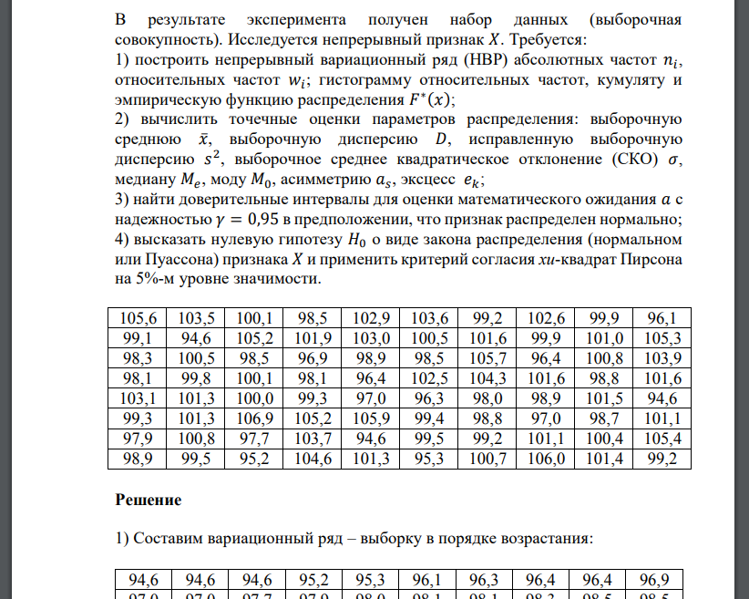 В результате эксперимента получен набор данных (выборочная совокупность). Исследуется непрерывный признак 𝑋. Требуется: