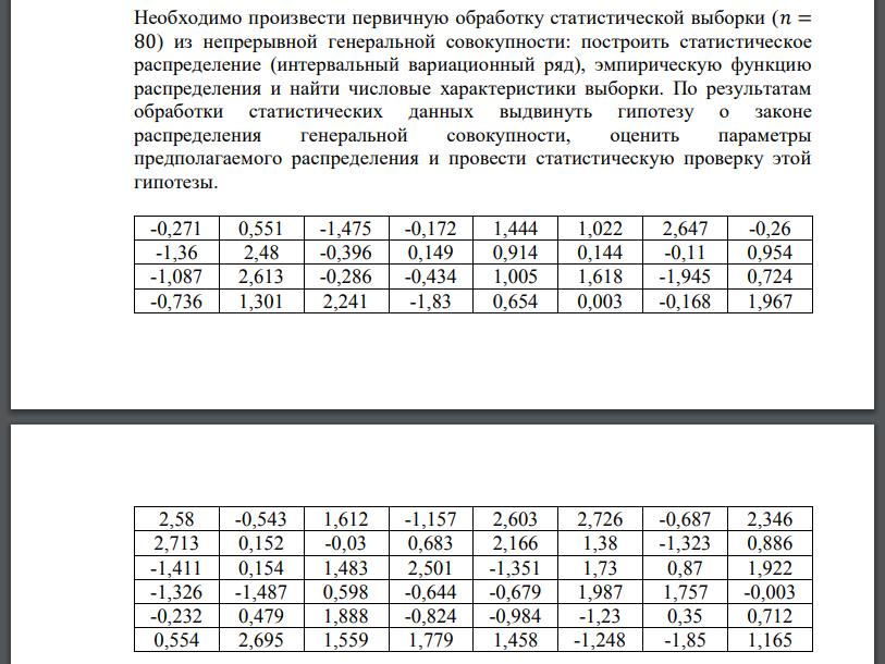 Необходимо произвести первичную обработку статистической выборки (𝑛 = 80) из непрерывной генеральной