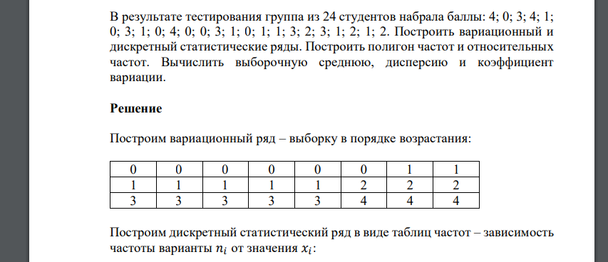 В результате тестирования группа из 24 студентов набрала баллы: 4; 0; 3; 4; 1; 0; 3; 1; 0; 4; 0; 0; 3; 1; 0; 1; 1; 3; 2; 3; 1; 2; 1; 2. Построить