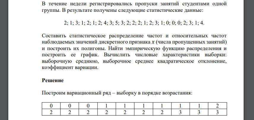 В течение недели регистрировались пропуски занятий студентами одной группы. В результате получены