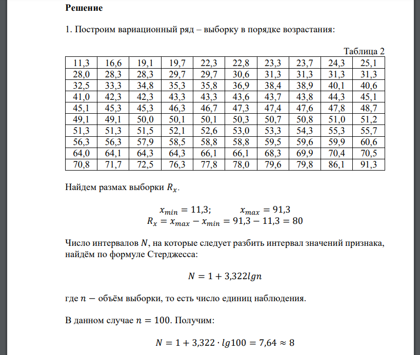 Признак 𝑋 представлен таблицей, которая является выборкой его значений, полученных в результате 100 независимых