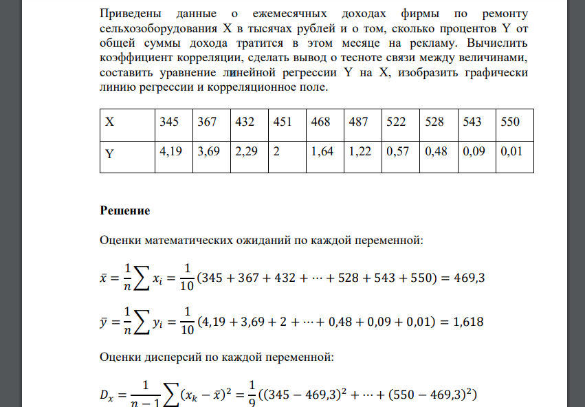 Приведены данные о ежемесячных доходах фирмы по ремонту сельхозоборудования X в тысячах