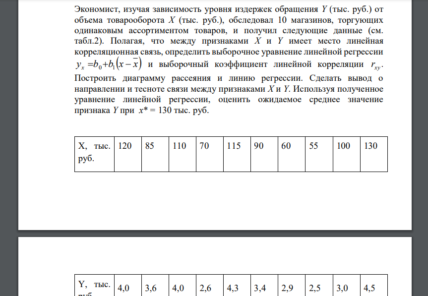 Экономист, изучая зависимость уровня издержек обращения Y (тыс. руб.) от объема товарооборота Х