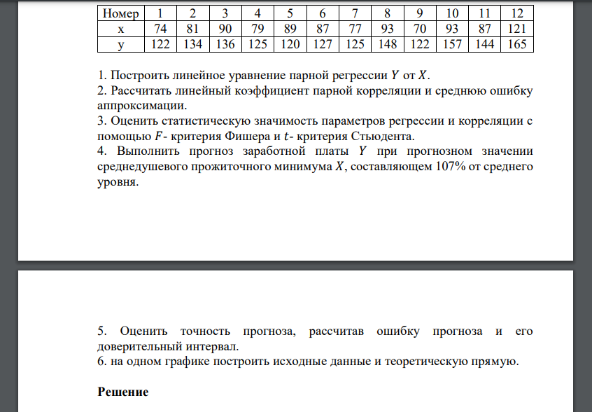 Построить линейное уравнение парной регрессии 𝑌 от 𝑋. 2. Рассчитать линейный коэффициент