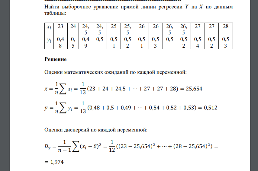 Найти выборочное уравнение прямой линии регрессии 𝑌 на 𝑋 по данным таблицы: 𝑥𝑖