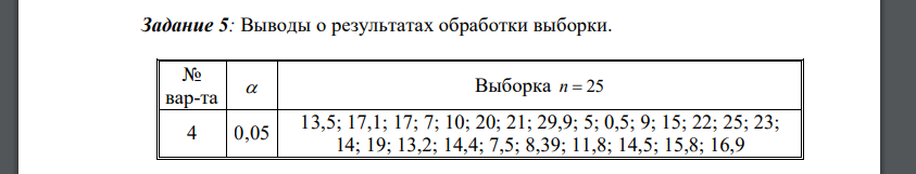 Выводы о результатах обработки выборки. № вар-та  Выборка n  25 4 0,05 13,5; 17,1; 17; 7; 10; 20; 21; 29,9; 5; 0,5; 9; 15; 22; 25; 23; 14; 19; 13