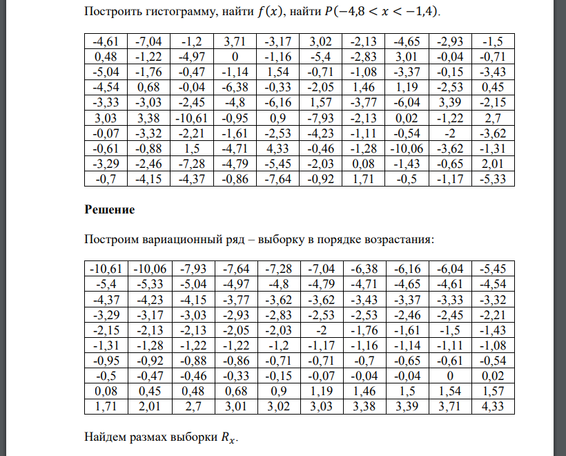 Построить гистограмму, найти 𝑓(𝑥), найти 𝑃(−4,8 < 𝑥 < −1,4).