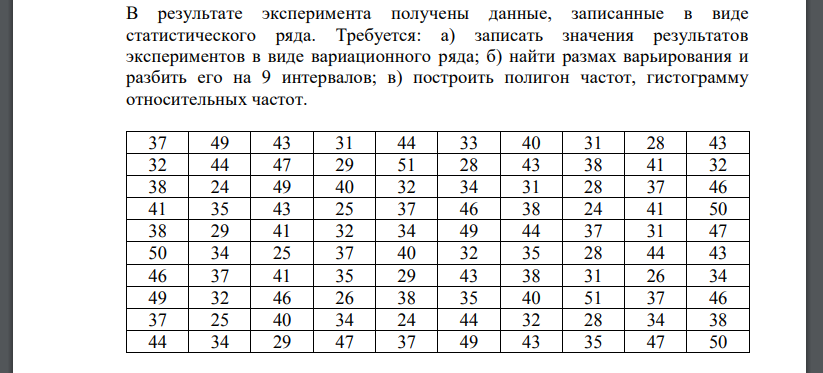 В результате эксперимента получены данные, записанные в виде статистического ряда. Требуется: а) записать значения результатов