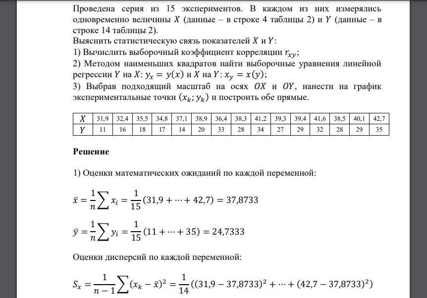 Проведена серия из 15 экспериментов. В каждом из них измерялись одновременно величины 𝑋 (данные – в строке 4 таблицы 2)