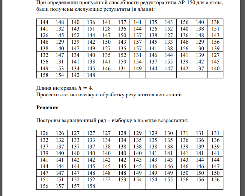 При определении пропускной способности редуктора типа АР-150 для аргона, были получены следующие результаты (в л/мин):